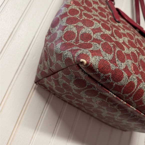 Coach Burgundy and Gray Signature Tote - Picture 2 of 5